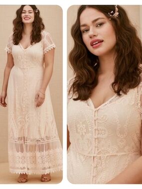 Torrid Cottagecore Lace Button Front Maxi Dress Peach Pink Plus Size 3X
